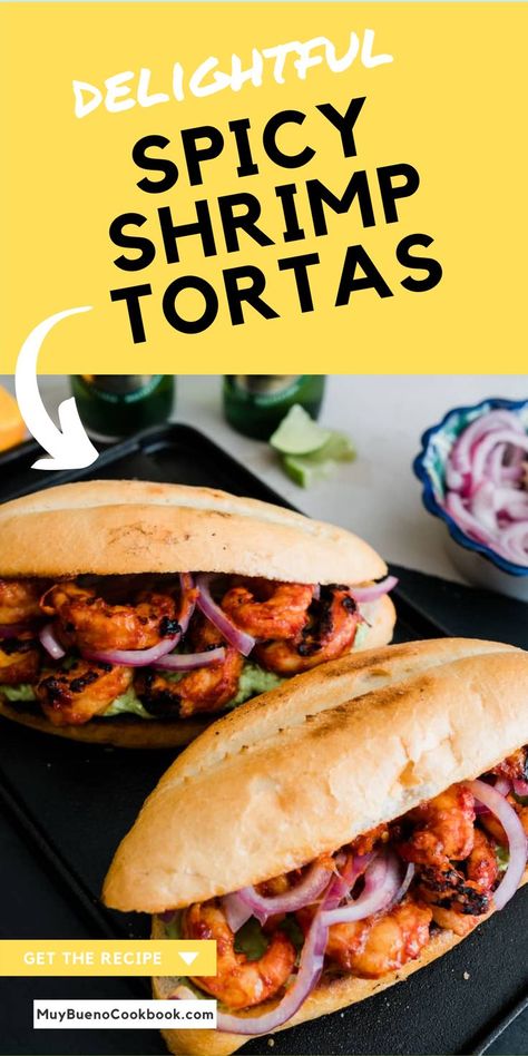 Spicy Shrimp Tortas on a baking sheet. Seafood Sandwich, Seafood Sandwiches, Recetas Salvadorenas, Latino Food, Mexican Seafood, Shrimp Taco, Recetas Puertorriqueñas, Latin Recipes, Creamy Mash