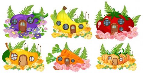 Fruit House Illustration, Grape House, Decorative Doodles, Fantasy Fruit, Fruit House, Mushroom Drawings, Cute Small Houses, Rainbow Children, Fantasy Houses