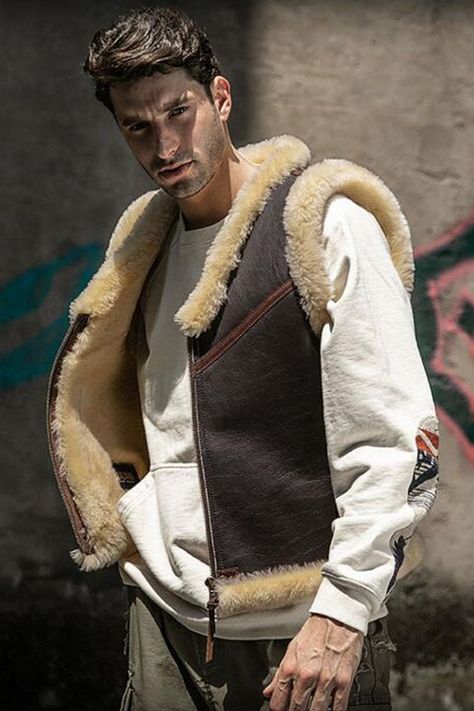 Sheepskin Vest, Stylish Leather Jacket, Spring Hiking, Hype Clothing, Sheepskin Throw, Shearling Vest, Sheepskin Coat, Aviator Jackets, Vintage Fits