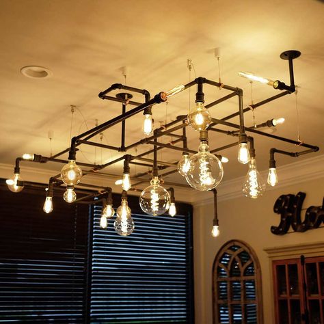 Pipe Lighting Ceiling, Industrial Lighting Ideas, Pipe Lighting Fixture, Pipe Chandelier, Pipe Lights, Industrial Pipe Lamp, Industrial Lighting Design, Interior Design Layout, Industrial Ceiling Lights