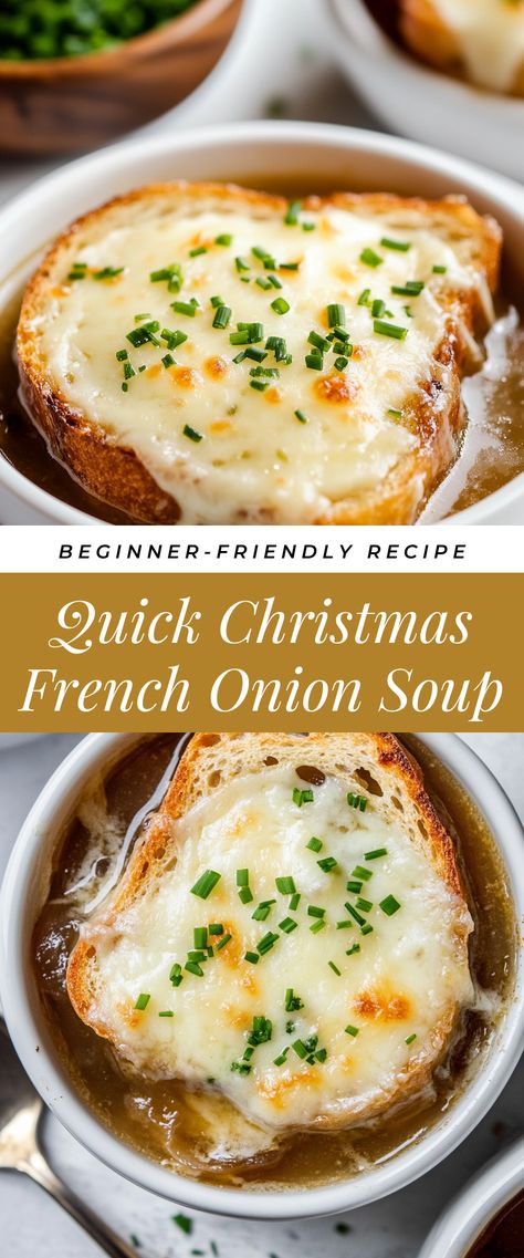 Image for Quick Christmas French Onion Soup Simple French Onion Soup Recipe, Stovetop French Onion Soup, French Onion Soup Stove Top, Holiday Soups Christmas, Christmas Soup Ideas, Christmas Eve Soup, French Onion Soup Dip, Christmas Soup Recipes, Onion Soup Crockpot