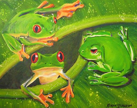 "Three Frogs Interrupted" by Kieran Sturgeon | Redbubble Tree Frog Art, Costa Rica Art, Sunset Canvas Painting, Frog Illustration, Animal Illustration Art, Caribbean Art, Painting For Home, Frog Art, Tree Frog