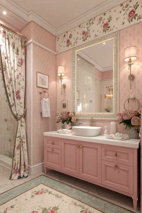 Design a romantic and inviting atmosphere with floral accents and pink paint in your bathroom. #FloralDecor #FeminineBathroom Girly Wallpaper For Bathroom, Dulux Blush Pink Bathroom, Girly Master Bath, Pink Flower Bathroom, Girlie Bathroom Aesthetic, Cute Bathroom Ideas Pink, Colorful Apartment Bathroom, Pink Girly Bathroom, Pink Restroom Ideas