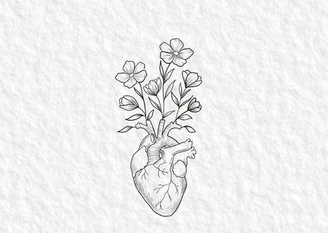 Water Yourself Tattoo, Real Heart Tattoos, Hart Tattoo, Realistic Heart Tattoo, Heart Flower Tattoo, Anatomical Heart Tattoo, Classy Tattoos, Line Art Tattoos, Discreet Tattoos