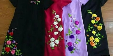 Embroidery On Shirts, Mekhela Chador, Daman Design, Silk Ribbon Embroidery Tutorial, Saree Painting Designs, Silk Ribbon Embroidery Patterns, Fabric Painting On Clothes, Ribbon Embroidery Tutorial, African Dresses For Kids