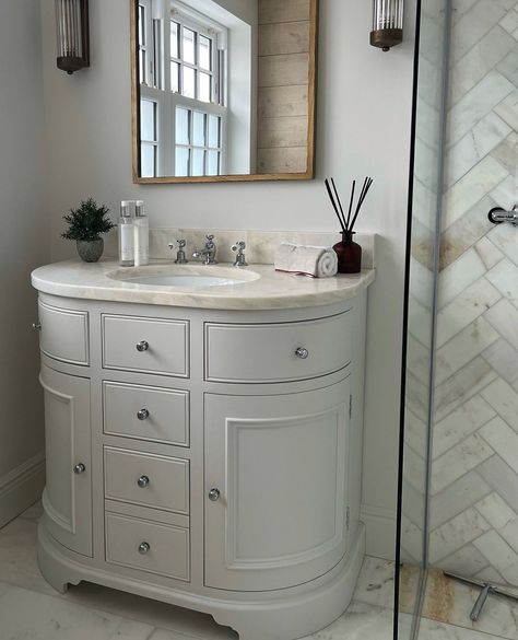 Neptune on Instagram: “Chichester is our classic bathroom collection, pairing painted timber with marble. Taking its cues from the curves in our Chichester…” Neptune Bathroom Ideas, Marble Bathroom With Panelling, Marble Bathroom Panelling, Neptune Bathroom Vanity, Neptune Chichester Washstand, Neptune Bathroom, Toilet And Sink Vanity Unit Traditional, Lusso Marble Basin, Downstairs Cloakroom