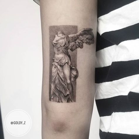 Victory Tattoo, Nike Tattoo, Japanese Statue, Love Statue, Winged Victory, Statue Tattoo, Mythology Tattoos, Greek Tattoos, Wings Tattoo