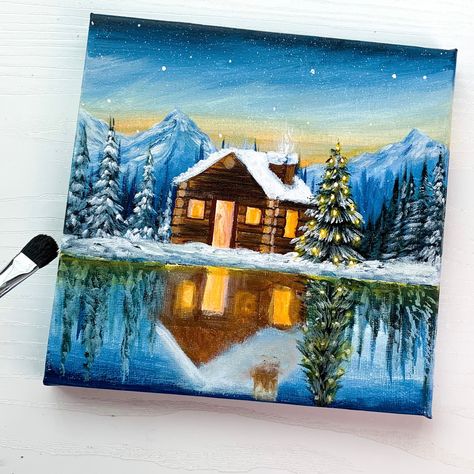 How to paint a winter cabin scenery for beginners Christmas Landscape Painting Easy, Winter Easy Painting, Winter Painting Ideas On Canvas, Christmas Art Painting Acrylic, Winter Landscape Drawing, Christmas Landscape Painting, Winter Canvas Painting, Easy Christmas Paintings For Beginners, Scenery For Beginners