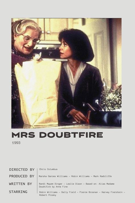 Madame Doubtfire, Harvey Fierstein, Mrs Doubtfire, Chris Columbus, Posters Minimalist, Sally Field, Pierce Brosnan, Movie Posters Minimalist, Robin Williams