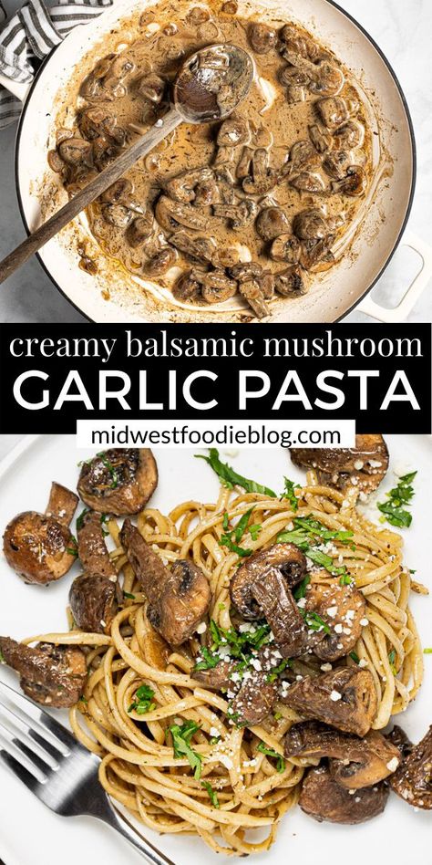 This Creamy Mushroom Pasta Recipe is a quick and easy weeknight dinner that tastes like it came from your favorite local bistro! Balsamic vinegar and garlic boost the mushrooms’ umami flavor to create a fully satisfying vegetarian meal. Crimini Mushroom Recipes, Mushroom Linguine, Mushroom Dishes, Balsamic Mushrooms, Mushroom Recipes Pasta, Creamy Mushroom Pasta, Night Recipes, Creamy Pasta Recipes, Creamy Mushroom Sauce