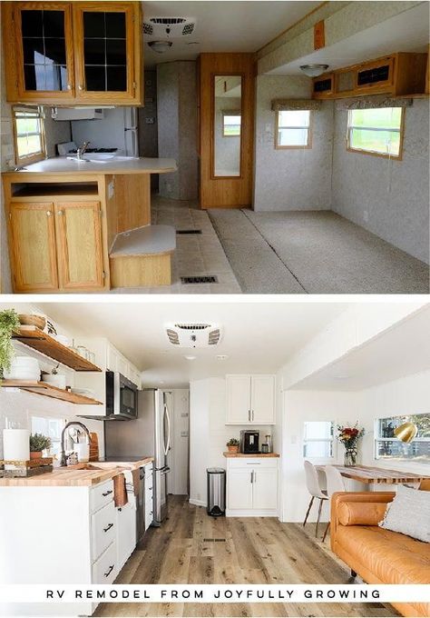 This RV remodel from JoyfullyGrowing will leave you speechless! See the before and after on MountainModernLife.com #rvremodel #camperremodel #rvrenovation #beforeafter #campertour #designvibes #camperenovation #camper #campermakeover #tinyhome #tinyliving #remodelinghomeideas Rv Redo, Rv Interior Remodel, Architecture Renovation, Camper Trailer Remodel, Diy Camper Remodel, Rv Homes, Rv Makeover, Travel Trailer Remodel, Rv Renovations