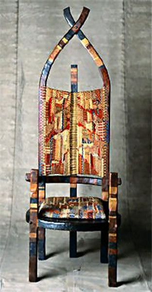 "African Chair"<br /> Oak and cherrywood<br /> Painted in blue, different reds, yellow, gold;<br /> adapted to the colour scheme of the fabric<br /> Warp: strongly twisted hemp<br /> Weft: hemp, wool, cotton. silk <br /> 1921<br /> 179.4 x 65 x 67.1 (HxWxD)<br /> <br /> Bauhaus-Archiv, Berlin African Chair, Bauhaus School, Bauhaus Architecture, African Furniture, Walter Gropius, Marcel Breuer, Pierre Jeanneret, Design Del Prodotto, Wassily Kandinsky