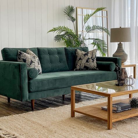 Update your living room with the Evie 3 Seat Sofa. Upholstered in sophisticated Forest Green, this is an updated take on a mid-century style. Featuring a low profile and button-tufted detailing, this piece will make a big impact in a relatively small space. Dimensions: W200cm D950cm H830cmProduct Weight: Colour: Forrest GreenMaterials: Seat & back cushions - Foam and Dacron. Fabric and PineAssembly: Yes, assembly is required - Legs to be attachedCare Instructions: Vacuum regularly. Professio Dark Green Sofa Living Room Ideas Modern, Living Room With Dark Green Couch, Colourful Living Room Decor Small Spaces, Dark Green Couch Living Room Ideas, Green Sofa Set, Sofa For Small Living Room, Dark Green Sofa, Green Sofa Living, Sofa Colour