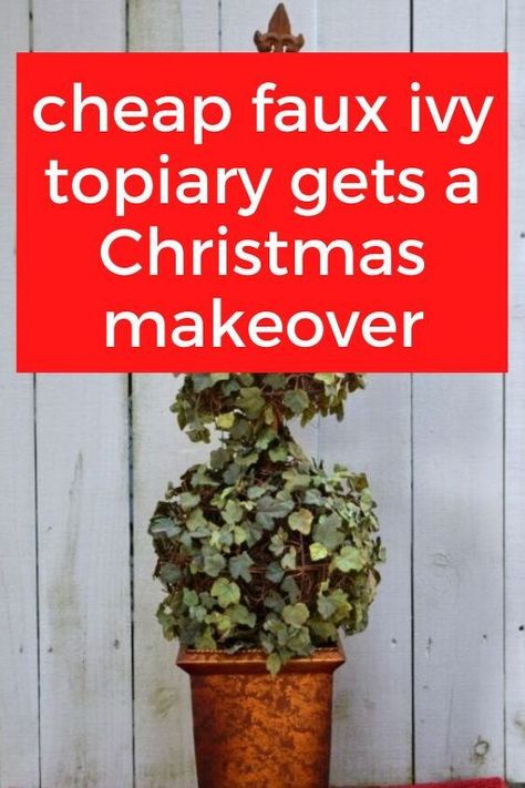 Cheap Christmas tree idea for front porch or living room fireplace. Reuse faux topiary to make this Christmas decoration on a budget. #diy #christmas #tree #topiary Topiary Christmas Ideas, Christmas Niche Decor, Diy Topiary Trees Front Doors, Christmas Topiary Ideas, Christmas Topiary Outdoor, Rustic Winter Decor Diy, Cheap Christmas Tree, Decoration On A Budget, Birthday Photo Displays