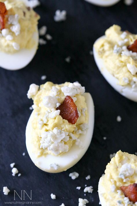 Bacon Blue Cheese Deviled Eggs by Nutmeg Nanny Blue Cheese Deviled Eggs, Thanksgiving Appetizers Healthy, Eggs Deviled, Devil Eggs, Garlic Confit, Devilled Eggs, Eggs Recipes, Deviled Eggs Recipe, Bleu Cheese