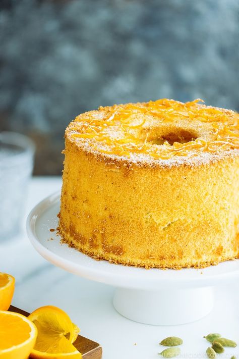 Airy, bouncy, and lightly sweet, Orange Chiffon Cake is an elegant pastry with a warm, citrusy aroma from orange zest and a hint of cardamom. #orange #chiffoncake | Easy Japanese Recipes at JustOneCookbook.com Orange Chiffon Cake Recipe, Elegant Pastry, Chiffon Cake Recipe, Orange Chiffon Cake, Citrus Zester, Japanese Pastries, Easy Japanese Recipes, Measuring Ingredients, Navel Oranges