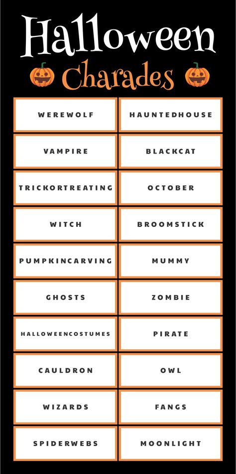 Halloween Charades Halloween Party Ideas Activities Adults, Halloween Charades For Teens, Spooky Activities For Adults, Halloween Ideas Games, Pick Or Treat Game, Halloween Icebreaker Games, Halloween Game Printables, Halloween Pictionary For Kids, Halloween Games For Family