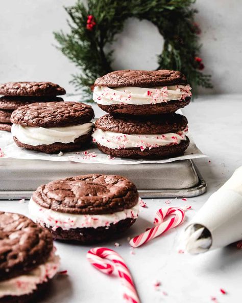 Hot Cocoa Peppermint Moon Pies Cocoa Brownies, Moon Pies, Peppermint Marshmallows, Chocolate Brownie Cookies, Marshmallow Creme, No Bake Bars, Peppermint Mocha, Crispy Treats, No Bake Pies