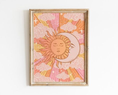 Celestial Bedroom Decor, 70s Home Decor Vintage, Celestial Bedroom, 70s Poster, 70s Art, Witchy Art, Witchy Home Decor, 70s Home, 70s Home Decor