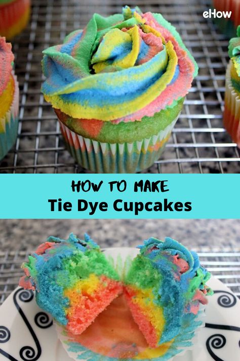 Diy Tie Dye Cupcakes, Tye Dye Icing How To Make, Tiedye Cupcake Frosting, Tie Dye Frosting How To Make, Tye Dye Cupcakes Frosting, Tie Dye Snacks, Tie Dye Icing Technique, The Dye Cupcakes, Tye Dye Food