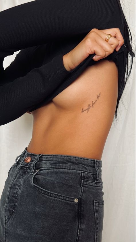 I Love You Hip Tattoo, Small Tattoos That Can Be Hidden, Still I Rise Rib Tattoo, Womens Ribcage Tattoos, Knicker Line Tattoo, Dainty Above Knee Tattoo, Back Stamp Tattoo, New Chapter Tattoo Ideas, Minimalist Tattoo Collar Bone