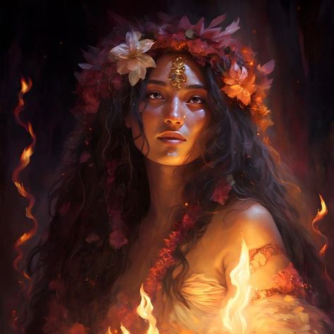 Polynesian Character Art, Pele Hawaiian Goddess, Polynesian Aesthetic, Polynesian Goddess, Goddess Of Fire, Hawaiian Goddess, Female Character Inspiration, Goddess Art, Fantasy Aesthetic