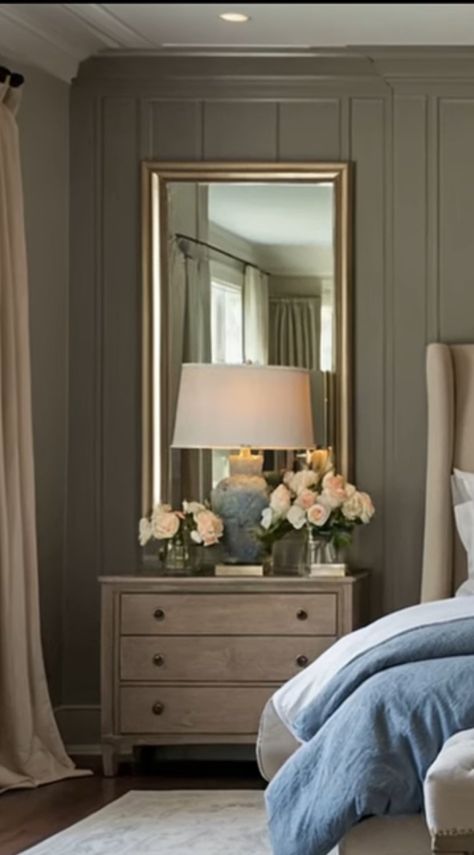 Wall Mirror Next To Bed, Tall Chair Rail Bedroom, Bedside Mirrors Ideas, Bedside Table Ideas With Mirror, Bedroom Side Table Mirror Ideas, Mirrors Nightstand Bedroom, Bedside Table In Front Of Window, Bedside Table Wall Mirrors, Mirrors Over Bedside Tables