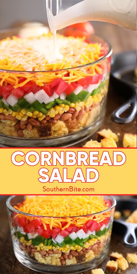 Cornbread Salad Cold Cornbread Salad, Southern Cornbread Salad, Cornbread Dishes, Hot Water Cornbread, Cornbread Salad, Recipes Southern, Southern Cornbread, Salad Salad, Layered Salad