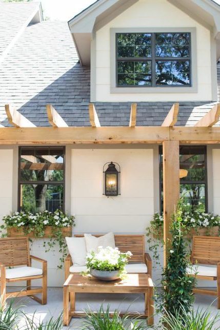 Exterior Renovation Plan – Halfway Wholeistic Front Porch Inspiration, Wood Pergola, Farmhouse Front Porches, Exterior Renovation, Exterior Makeover, Pergola With Roof, Farmhouse Front, Casa Exterior, Pergola Plans