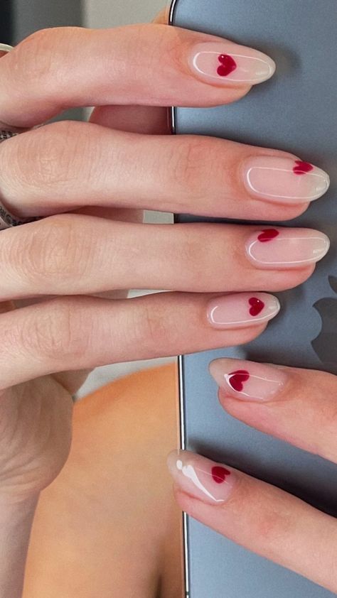 Nails 2024 Valentines, Nail Ideas Valentines Day Simple, Short Red Heart Nails, That Girl Nails Aesthetic, Cherry Nail Art Short, Chic Valentines Nails, Valentines Cherry Nails, Valentines Day Nails Minimalist, Dainty Valentines Nails