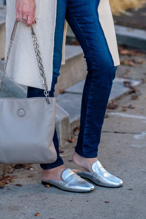 Fall Outfit: Sleeveless Coatigan + Metallic Loafers | The loafer mule is a big trend right now, and metallic shoes are also a trend, and these shoes combine both. Silver Mules Shoes Outfit, Silver Mules Outfit, Pink Mules Outfit, Loafer Mules Outfit, Silver Shoes Outfit, Metallic Shoes Outfit, Mule Outfit, Metallic Outfit, Mule Shoes Outfit