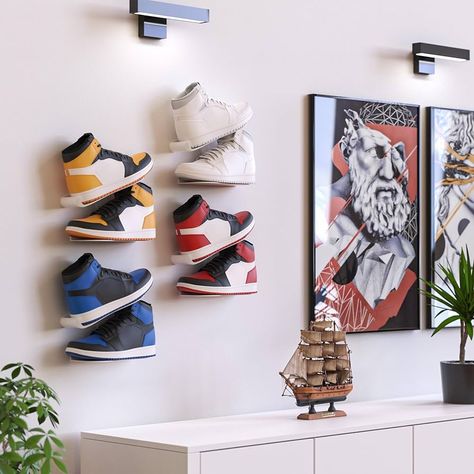 Mobilefox Sneaker Wall Bracket, Shoe Shelf, Wall Mount, Floating Shoe Rack, Display, White, Pack of 2 : Amazon.co.uk: Home & Kitchen Display Shoes Ideas, Nike Shelves, Floating Shoe Shelf, Shoe On Wall, Sneakerhead Nursery, Shoe Shelves On Wall, Shoes Shelf Ideas, Sneaker Display Bedroom, Shoe Wall In Bedroom