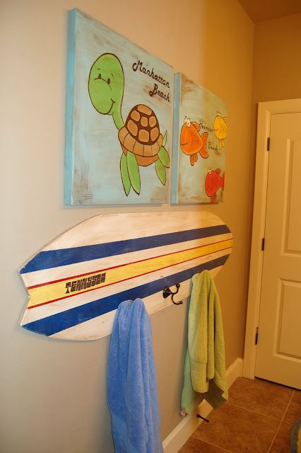 Kids bathroom idea Surf Bathroom, Kids Bathroom Themes, Shark Room, Toallero Ideas, Surf Room, Surfboard Decor, Kids Shower Curtain, Bathroom Themes, Boys Bathroom