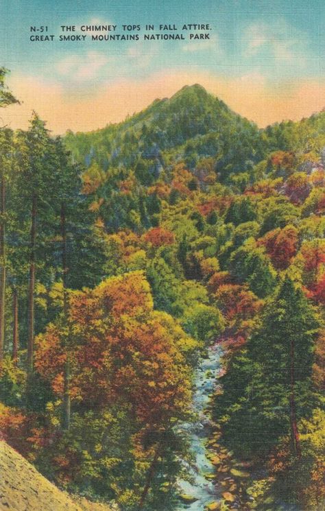 Vintage Postcards Printable, Fall Wall Print, Chimney Tops, Western Nc, Fall Attire, Nature Posters, Great Smoky Mountains National Park, Smoky Mountain National Park, National Park Posters