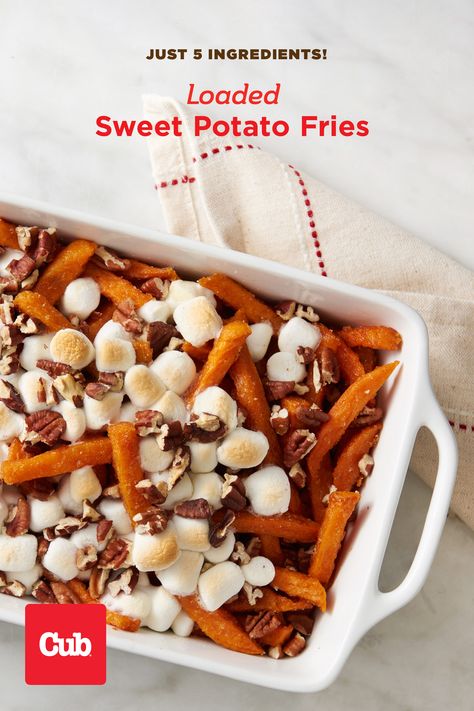 The sweet-and-savory side you love just got an extra-easy makeover! Frozen sweet potato fries get seasoned with cinnamon and topped with chopped nuts and marshmallows, bringing together all the flavors you love with just five ingredients. Loaded Sweet Potato Fries, Cinnamon Sugar Toast, Frozen Sweet Potato Fries, Fried Dessert, Loaded Sweet Potato, Waffle Fries, Grocery Foods, Potato Fries, Toasted Marshmallow