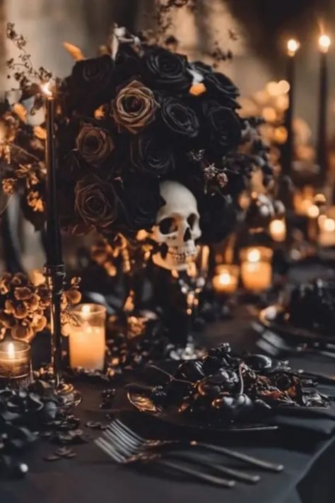 Transform your dining area into an enchanting and spooky Halloween tablescape that will impress your guests! This guide offers simple tips and inspiration for creating a dark, atmospheric setting with unique decorations, eerie lighting, and stylish tableware. Picture eerie centerpieces featuring candles, black velvet tablecloths, and themed dinnerware designed to wow at any Halloween gathering. Dive into creative details that keep your guests intrigued while enjoying festive treats. Make your Halloween celebration enchanting with this captivating tablescape plan. Gothic Dinner Party, Gothic Dinner, Eerie Lighting, Halloween Theme Party, Elegant Halloween Decor, Candles Black, Dark And Mysterious, Halloween Tablescape, Black Tablecloth