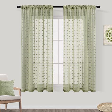 Amazon.com: Sage Green Sheer Curtains 63 Inch Length with Pom Pom Tufted for Bedroom Living Room Nursery Windows Country Rustic Farmhouse Boho Semi Sheer Curtain Light Green Rod Pocket 2 Panels 52x63 : Home & Kitchen Boho Drapes, Light Green Curtains, Green Curtains Bedroom, Green Sheer Curtains, Pom Pom Curtains, Black Blackout Curtains, Sage Green Bedroom, Dining Room Windows, Simple Curtains