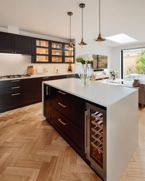 SW London project featuring herringbone floors and bold industrial features. Industrial Black Kitchen, Herringbone Floors, Dark Wood Cabinets, London Kitchen, Black Kitchen, Home Office Organization, Kitchen Fixtures, Black Kitchens, Apartment Interior Design