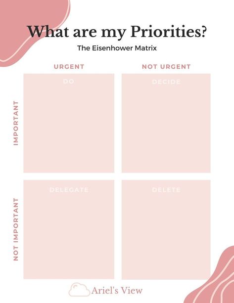 A matrix with four quadrants. The x axis is "Urgent or Not Urgent". The Y axis is "Important" or "Not Important". The upper left quadrant is "do", the upper right quadrant is "decide", the lower left is "delegate", and the lower right is "delete". Eisenhower Matrix Printable Free, College Organization Tips, Eisenhower Matrix Template, Eisenhower Matrix Printable, Digital Planner Ideas, Interactive Calendar, Eisenhower Matrix, One Word Instagram Captions, Free Planner Templates