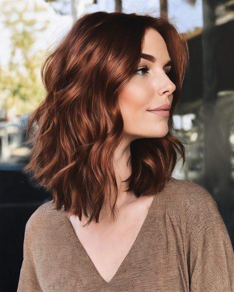 Auburn Waves with Soft Layers Auburn Hair Color On Brown Hair, Auburn Hair For Green Eyes, Lob Auburn Hair, Root Melt Auburn, Auburn Hair Dark Eyebrows, Cool Auburn Hair, Medium Red Brown Hair, Alburn Hair, Red Hair Fair Skin