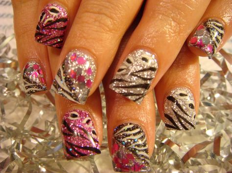 zebra Fun Nail Art, Zebra Nails, Crazy Nails, Party Nails, New Nail, Sparkle Nails, New Nail Art, New Clients, Get Nails