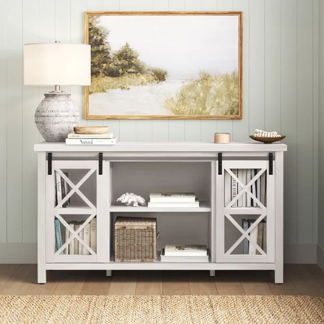 Sand & Stable Finnick TV Stand for TVs up to 65" & Reviews | Wayfair Display Shelves Living Room, Shelves Living Room, Living Room Farmhouse, Coastal Farmhouse Decor, Farm House Colors, Wayfair Furniture, Tv Stands And Entertainment Centers, Coastal Farmhouse, Barn Doors Sliding