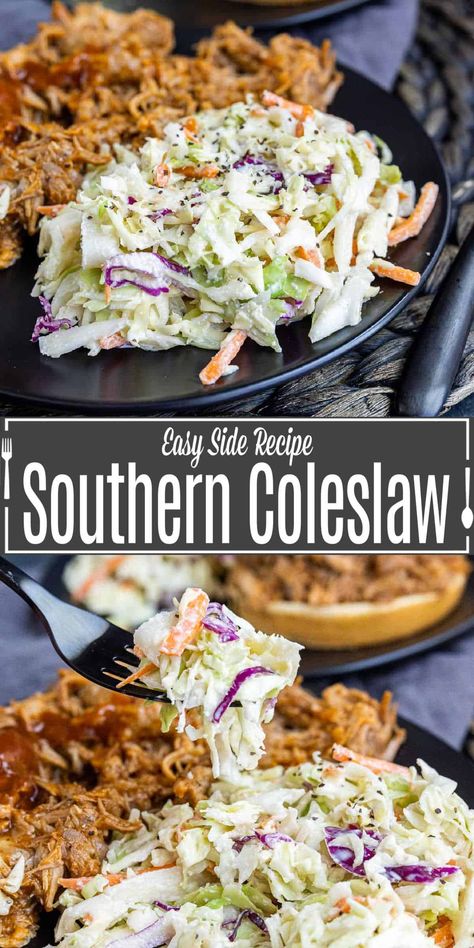 This traditional Southern coleslaw recipe is a sweet and tangy, creamy coleslaw that is sure to be the hit of your next backyard BBQ or 4th of July party! Southern coleslaw is traditionally a sweet coleslaw with sugar added to the dressing. We add vinegar and lemon juice help to balance sweetness with a lovely tang.  It’s all whisked together with mayo to make the perfect creamy coleslaw. Southern Style Side Dishes, Coleslaw For Brisket, Coleslaw Recipe For Brisket, Summer Southern Food, Raising Canes Coleslaw Recipe, Southern Bbq Menu Ideas, Texas Coleslaw Recipe, Southern Bbq Side Dishes, Bbq Coleslaw Recipe