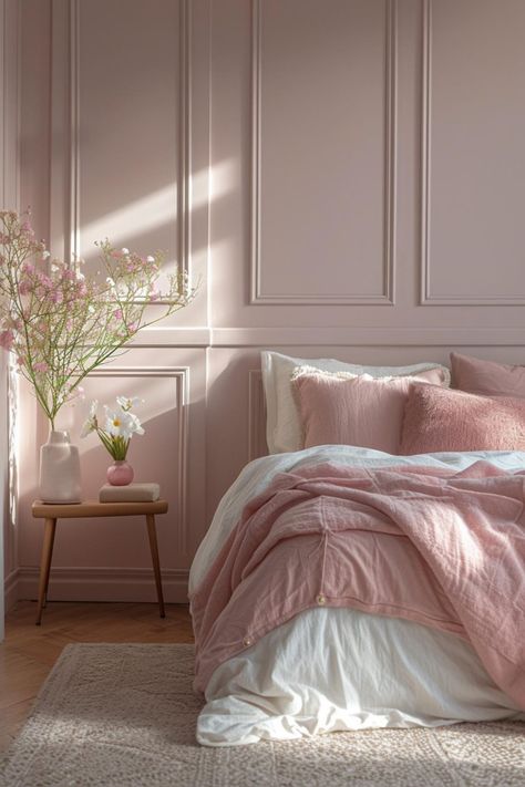 30+ Wainscoting Ideas That Blend Modern Style and Classic Flair Pink And White Walls Bedroom, Pink Panel Wall Bedroom, Classic Bedroom Colors, Small Room Wall Ideas, Pastel Colored Bedroom, Bedroom With Molding On Walls, Subtle Pink Decor, Wooden Panels Bedroom, Dusty Rose Room Ideas