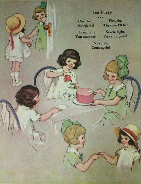 1930s children's tes party illustration. Vintage Tea Time, Nursery Illustration, Party Quotes, 동화 삽화, Tea Quotes, Girls Tea Party, Cuppa Tea, Tea Sandwiches, Images Vintage