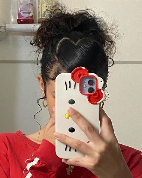 A cute heart part ❤️ #explorepage #explore #curlyhairstyles #curlyhaired Heart Side Swoop Ponytail, Heart Slick Back Bun, Side Part Heart Swoop, Heart Swoop Bun, Heart Shaped Slick Back Bun, Heart Slick Back Ponytail, How To Do A Heart Bun, Heart Hair Part, Heart Slick Back