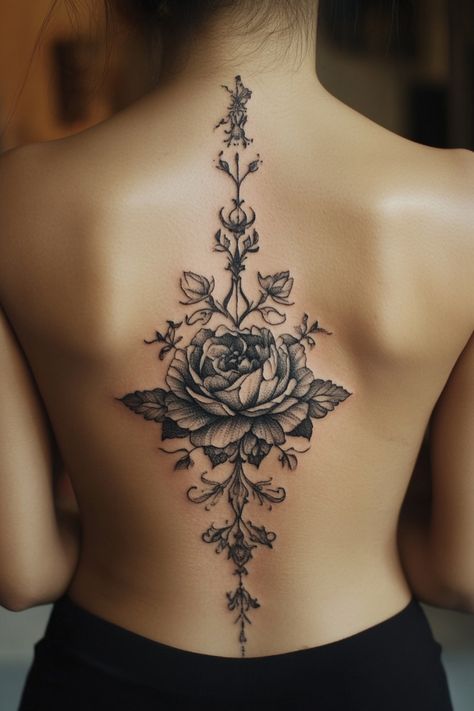 Intricate rose tattoo with elaborate vine design along a woman's spine. Women’s Upper Back Tattoo, Fitness Inspired Tattoos, Badass Spine Tattoos, Women Lower Back Tattoos, Gothic Spine Tattoo, Country Spine Tattoos, Tattoo Ideas Female Back Spine, Hot Back Tattoos For Women, Western Spine Tattoos For Women