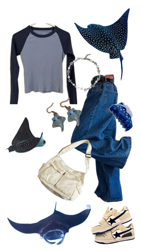 White blue and grey ocean stingray outfit Stingray Outfit, Ocean Core Clothes, Ocean Theme Outfit, Marine Biology Aesthetic Outfit, Seacore Outfit, Cute Aquarium Outfit, Ocean Core Outfits, Ocean Stingray, Percy Aesthetic