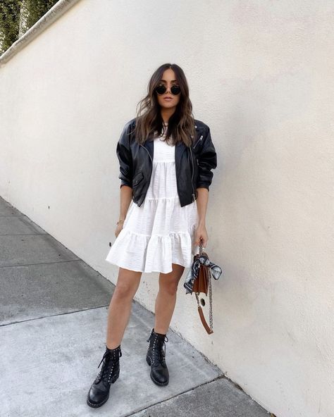 Stephanie Weizman on Instagram: “Girly, but keep it edgy” Dress And Biker Jacket, Cabo Outfits, Style Roots, Fall Fashion Coats, Black Leather Biker Jacket, Cropped Leather Jacket, Pleated Sleeves, Engagement Outfits, Leather Biker Jacket