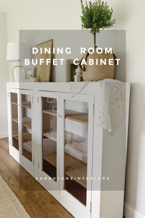 White Cabinet Wood Top, Long Buffet Cabinet Farmhouse, Build Buffet Cabinet, Dining Room Decor With Buffet, Sideboard Small Dining Room, Storage Small Dining Room, Buffet Next To Dining Table, Wall Mounted Buffet Cabinet, Shallow Buffet Cabinet